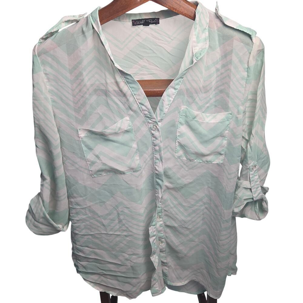 Wishful Park Mint Green White Chevron Sheer Button Up Roll Tab Blouse Size L
